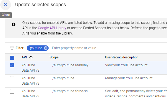 A window on GCP showing the ability to select scopes that a user app will access, with only the YouTube Data API V3 readonly option selected