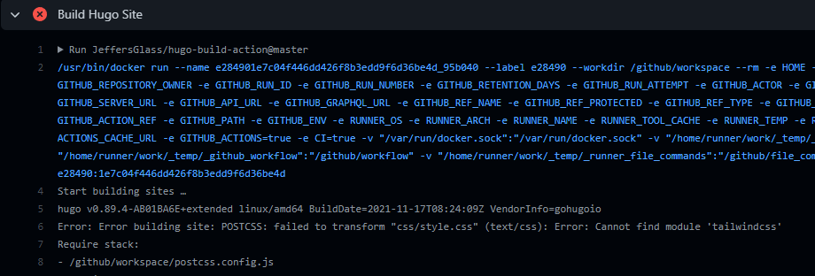 An error message saying Docker cannot find tailwindcss