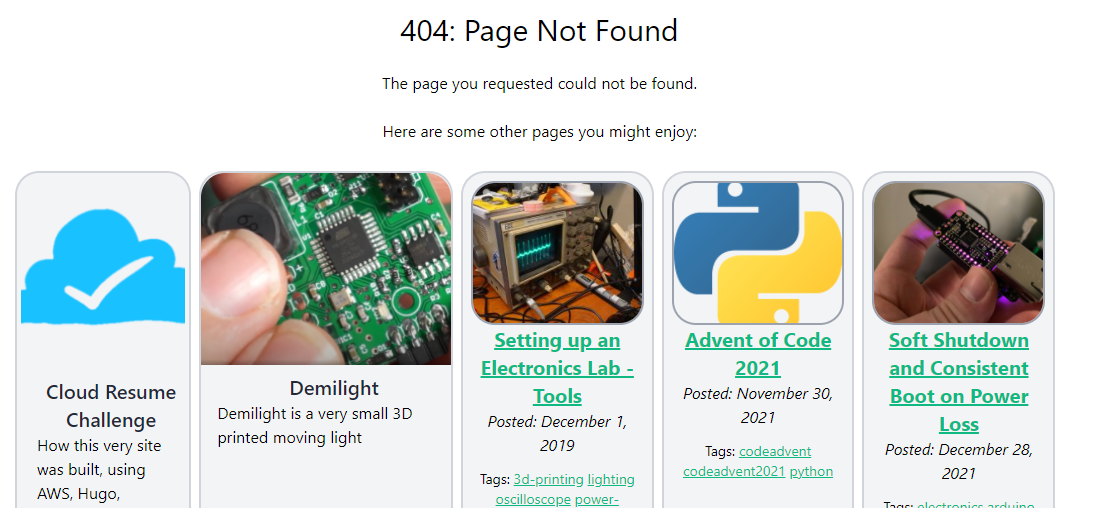 A screenshot of the 404 page of the website showing 5 content cards: cloud resume challenge, Demilight, Setting Up and Electronics Lab, Advent of Code, and Soft Shutdown and Consistent Boot on Power Loss