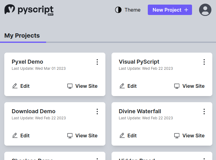 A screenshot of the dashboard on PyScript.com, showing several pending projects.