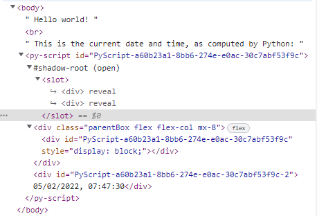A screenshot of the pyscript Hello World app, with generated HTML source code clipped from the inspector