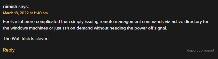 A screenshot of a hackaday comment, saying that one should use Active Directory commands