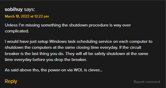 A screenshot of a hackaday comment, of a use suggesting that scheduled shutdown would be better