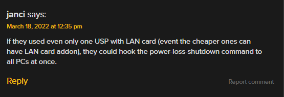 A screenshot of a hackaday comment, suggesting using a UPS with build in LAN card
