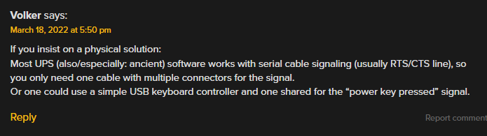 A screenshot of a hackaday comment, suggesting using one RTS/CTS line among multiple computers