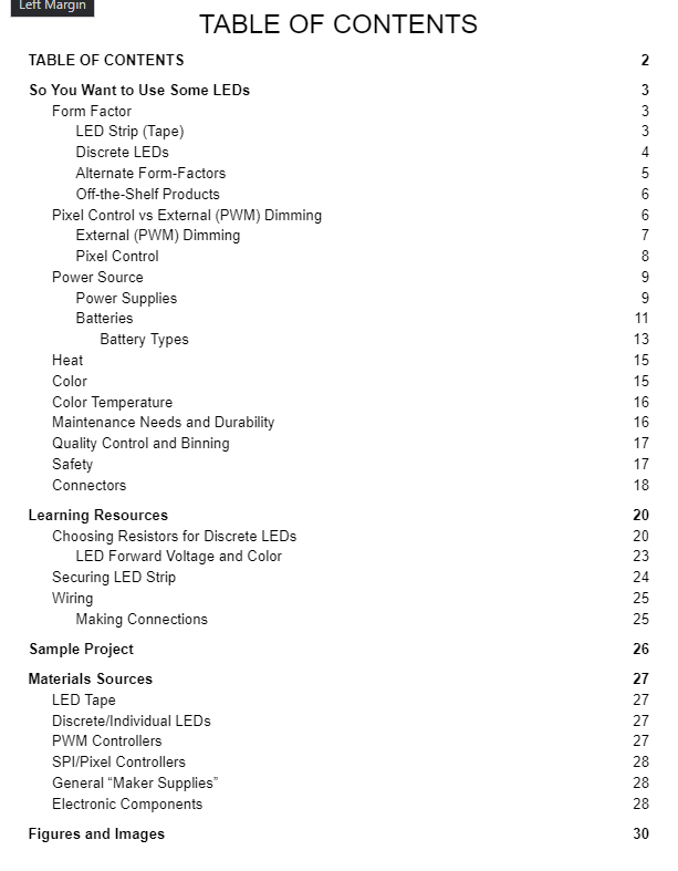 An image of the table of contents of the LED Projects Guidebook. It shows about 30 pages of content with various resoruces. The text is small and not intended to be read