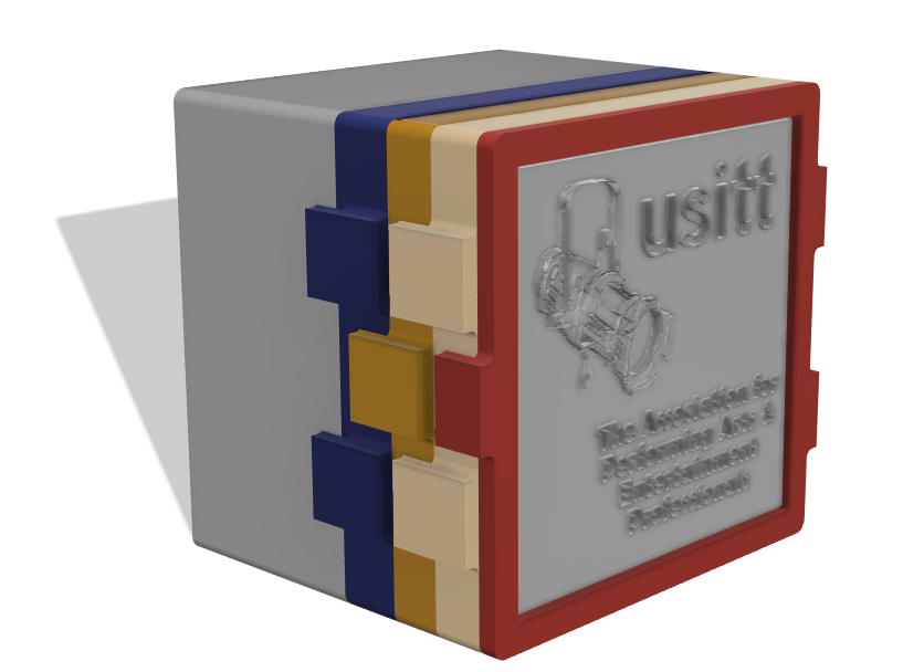 A 3D render of a modular lithophane box, consisting of 5 modules as described in the text and clipped togehter with plastic tabs. The modules are multiple colors.